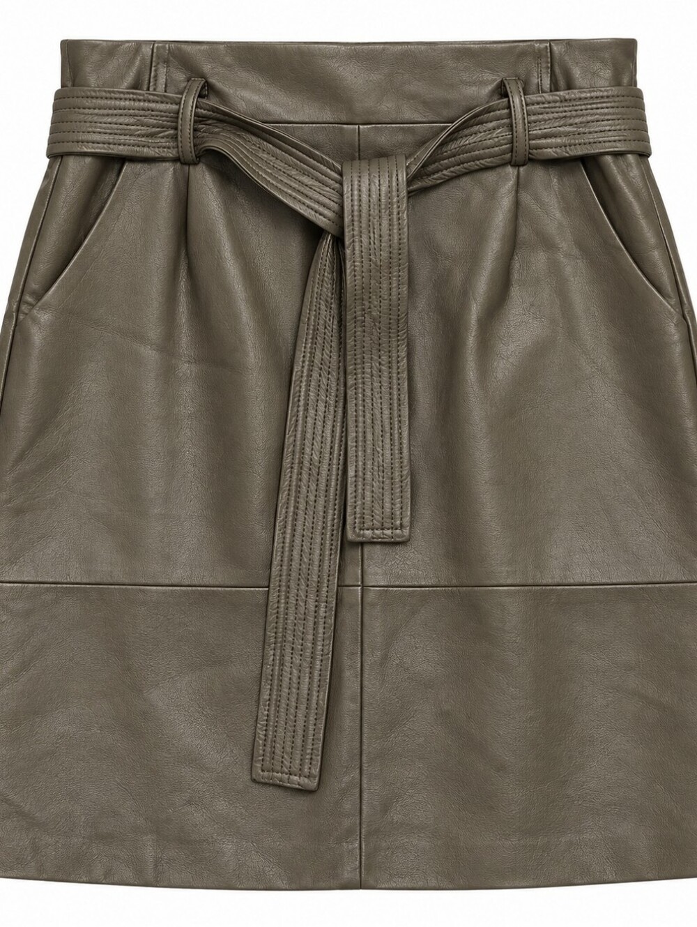 ESQUALO Olive Green Faux Leather Mini Skirt with Stitched Belt